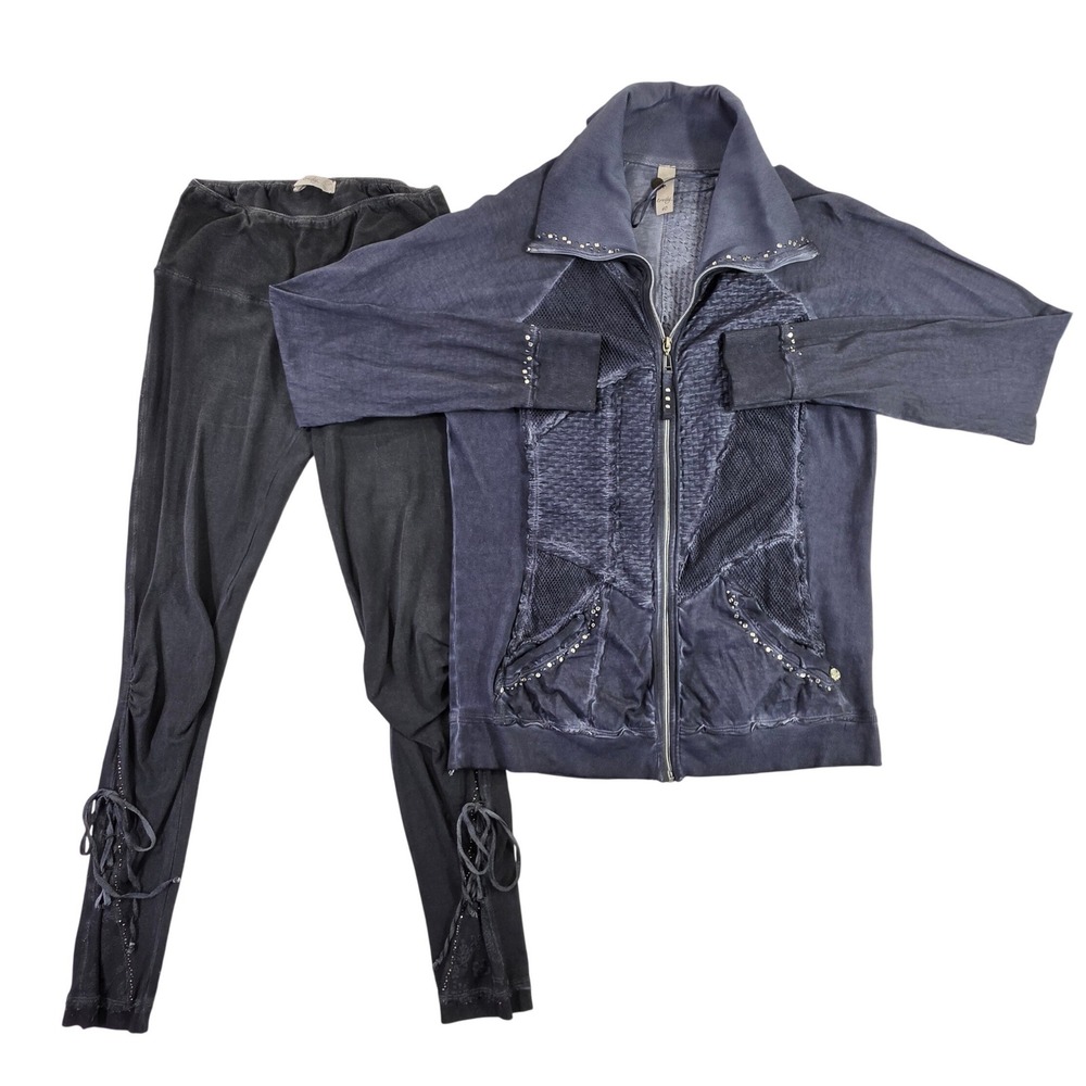 Tredy Gray Acid Wash Rhinestone Jacket and Lace Up Leggings Set EUC Boho Size 40